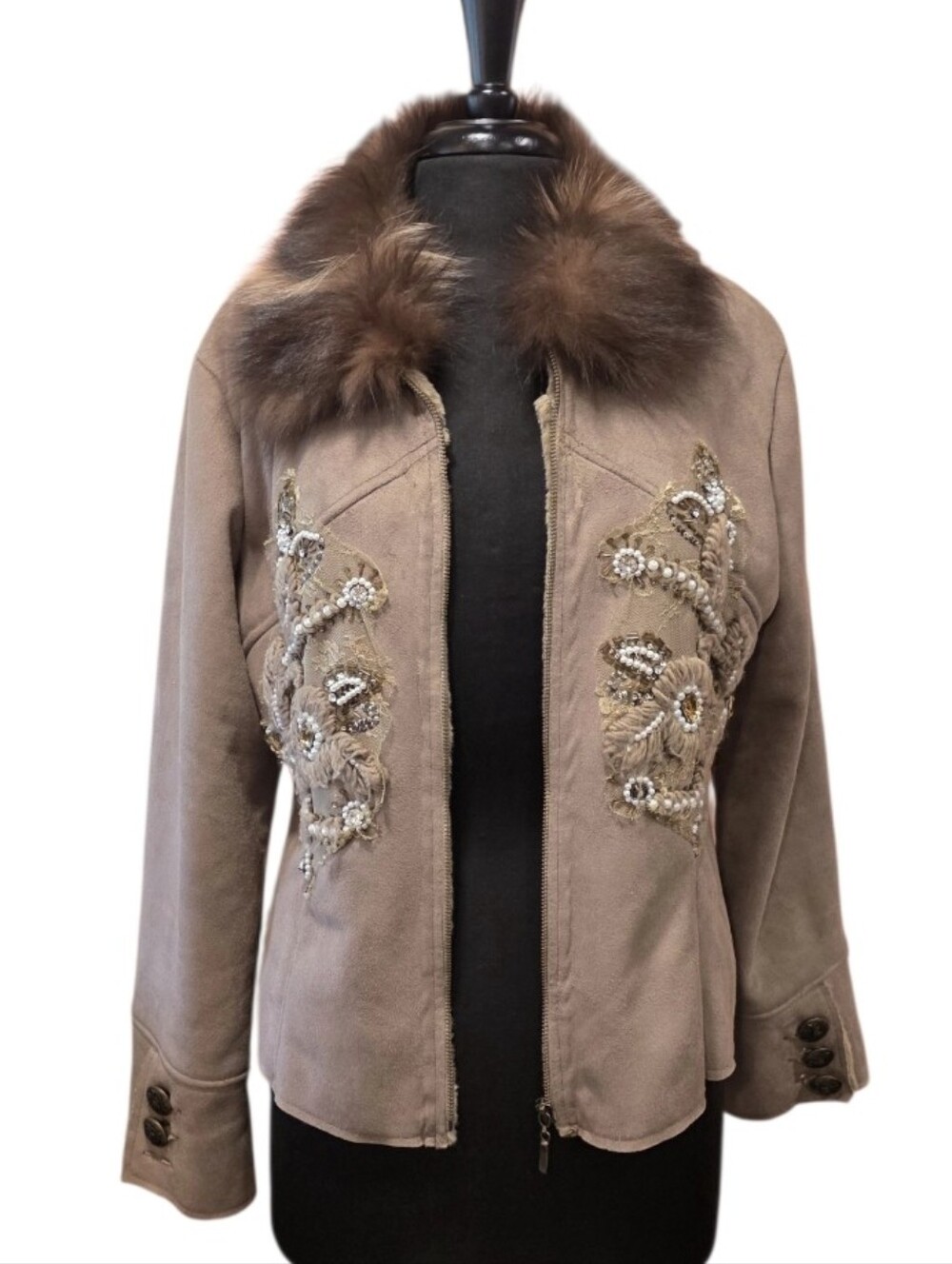 Vintage 90s Alberto Makali XL Fox Fur Taupe Teddy Jacket Embroidered Fur Collar